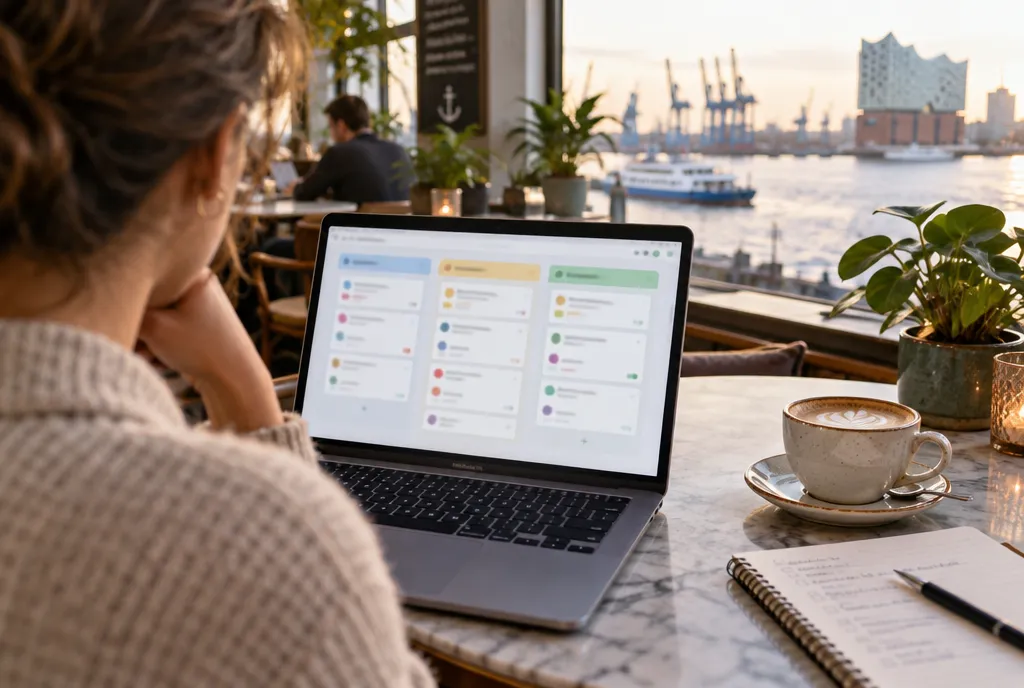 Laptop auf einem Café-Tisch mit einer farbigen Pipeline in drei Spalten