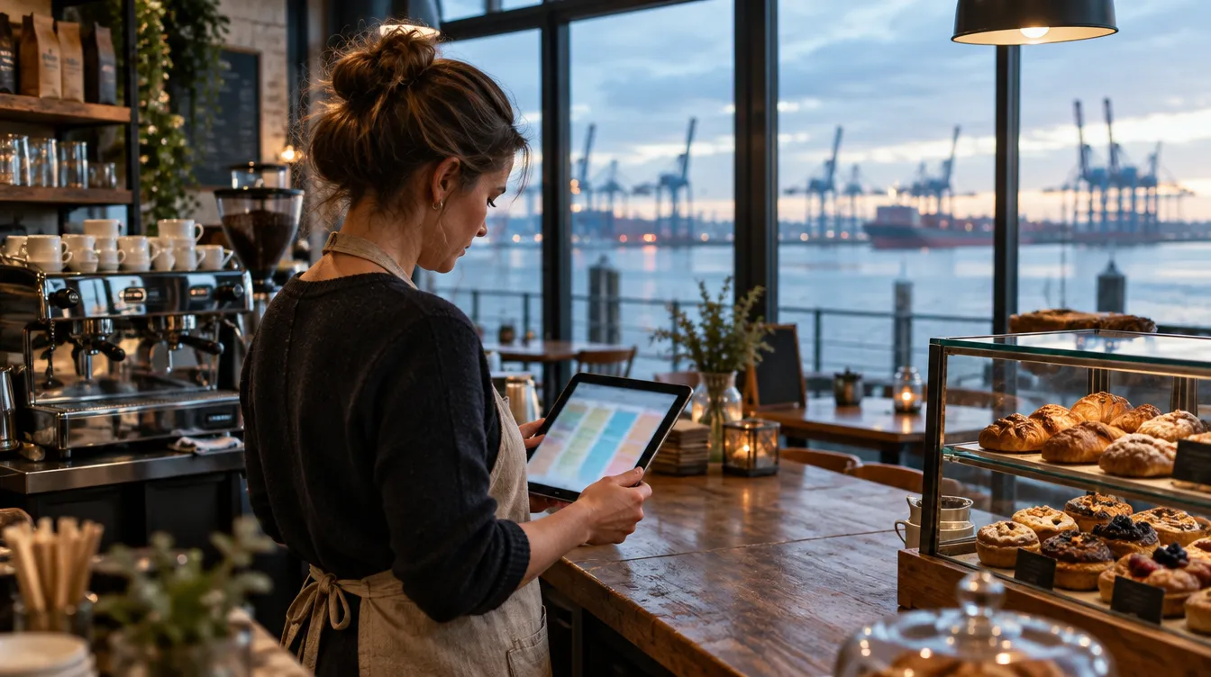 Café-Inhaberin am Tresen mit einem Tablet, auf dem ihre Kundenpipeline zu sehen ist