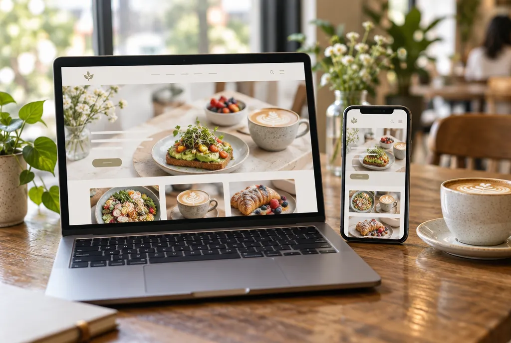 Laptop und Smartphone auf einem Holztisch, beide zeigen dieselbe Café-Website